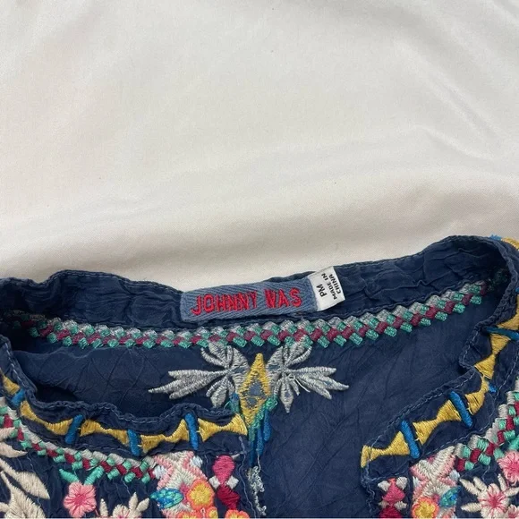 Johnny Was Raina Navy Blue Floral Embroidered Colorful Georgette Blouse Top PM - Picture 5 of 7